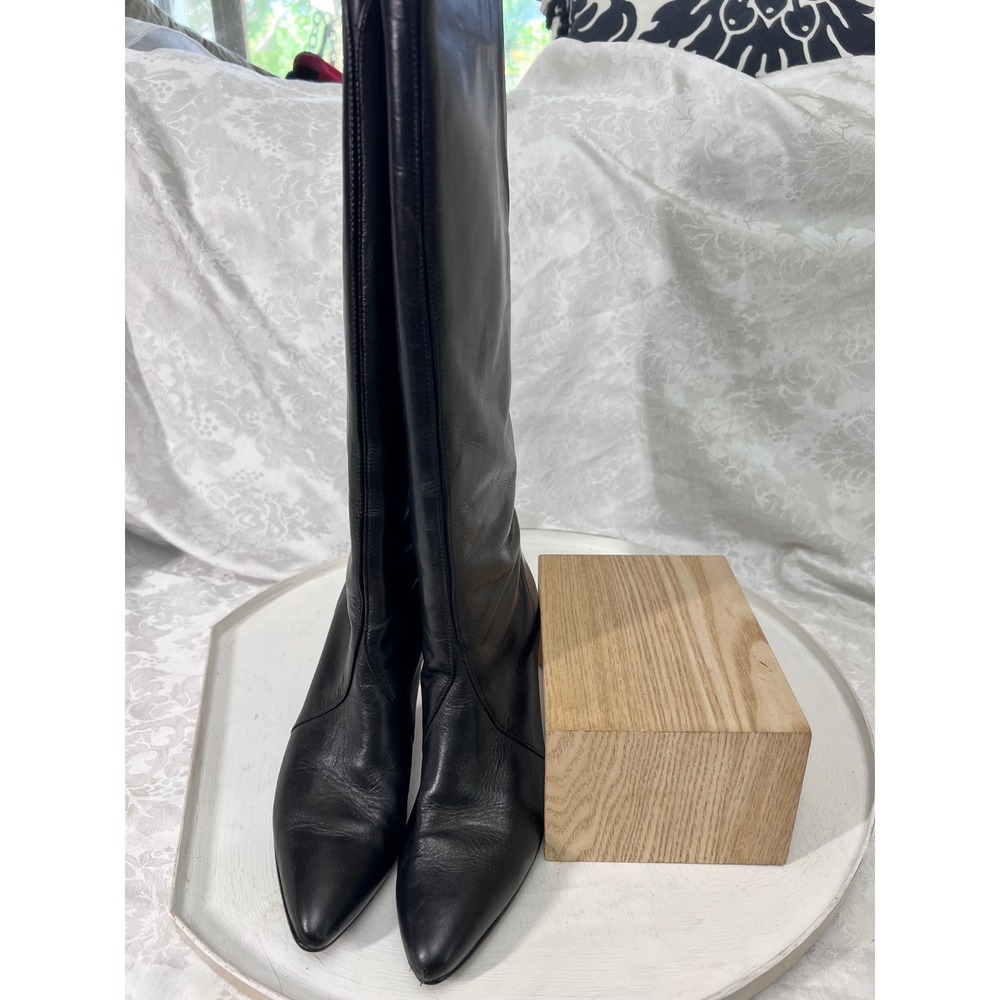 Enzo Angiolini Vintage Black Leather Tall Stiletto Boots Pointed Toe Womens 7.5N